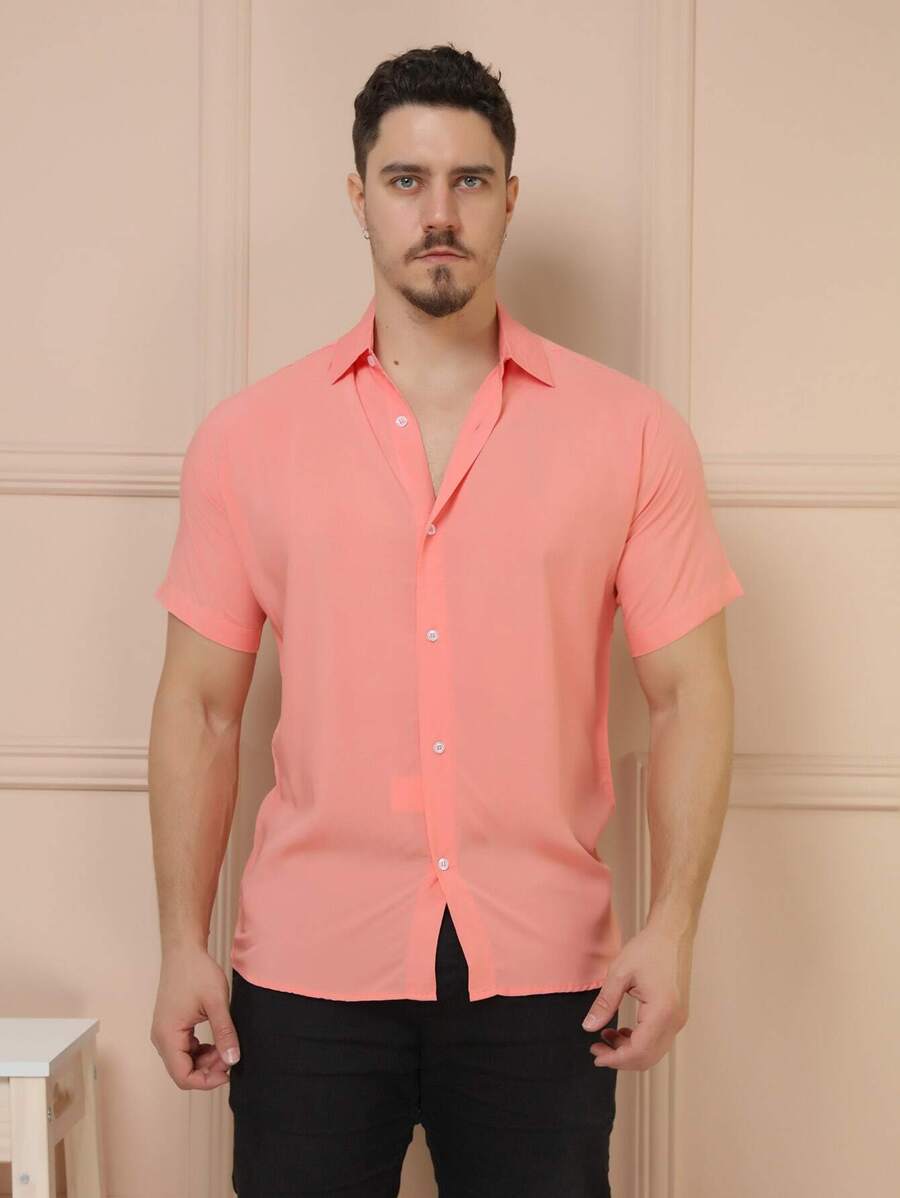 Camisa Social Masculino Manga Curta De Botão Lisa